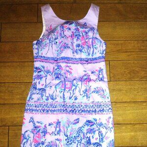 LILY PULITZER SLEEVELESS SAFARI ANIMAL PRINT SHIFT DRESS/ BOTTOM TIES SIZE 0